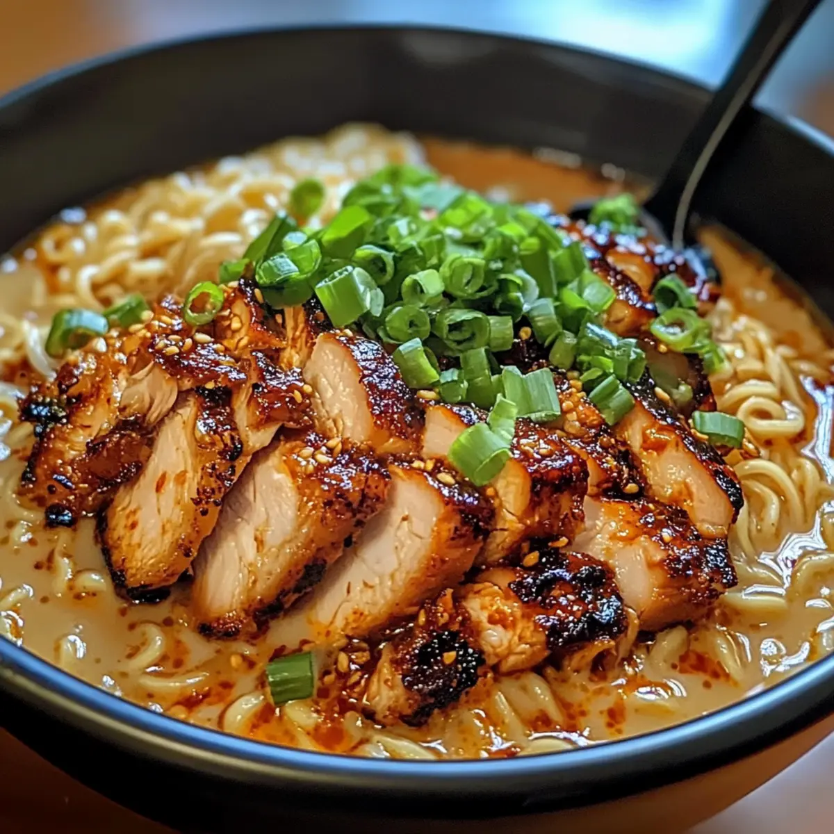 Feurige Hühnerramen mit cremiger Knoblauchsauce