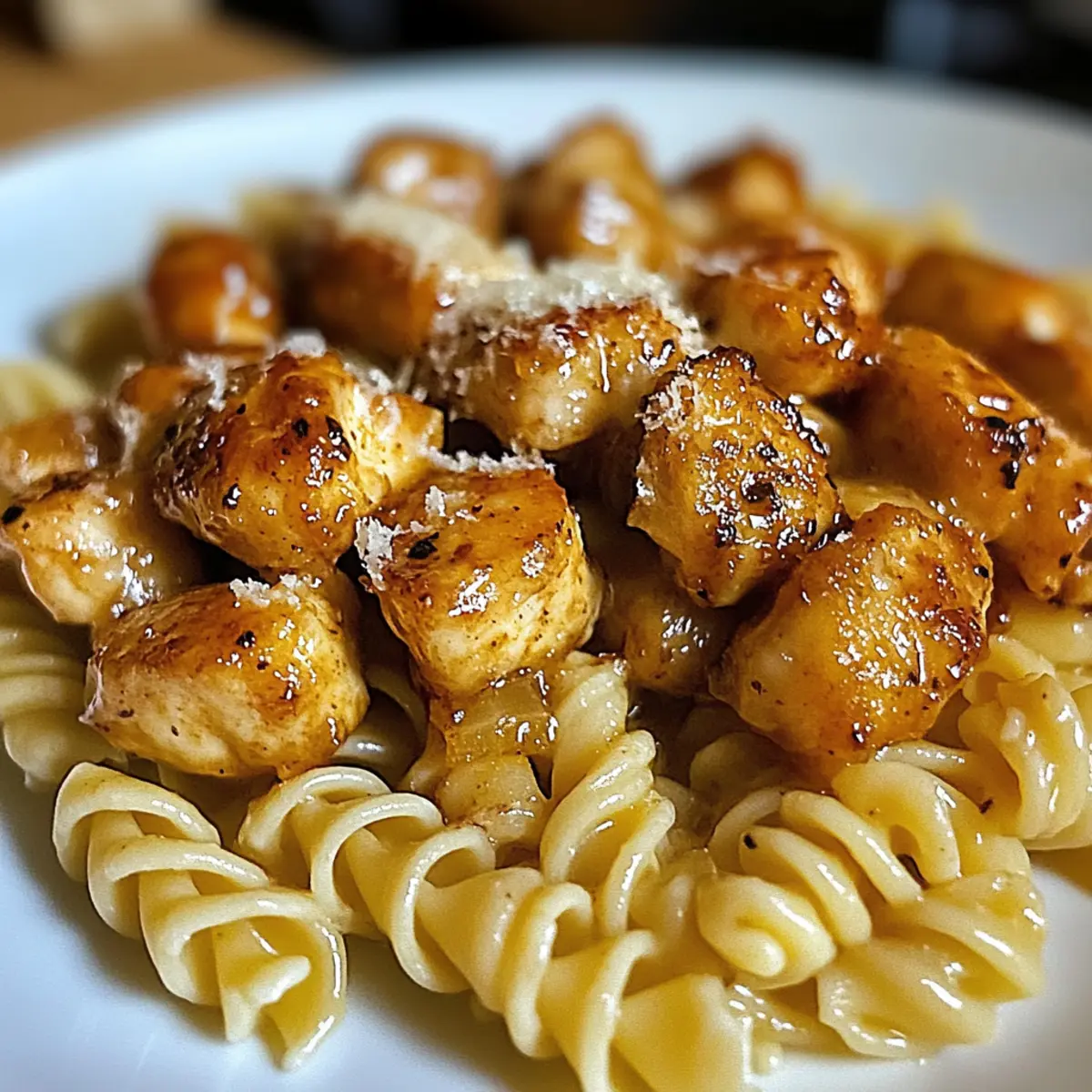 Verdrehte Pasta mit Honig-Knoblauch-Hühnchen und Parmesan-Creme